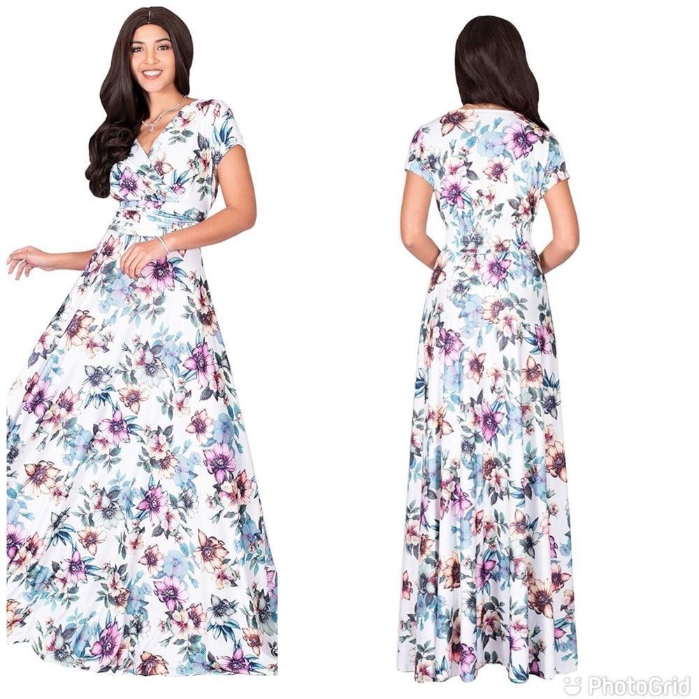KOH KOH Summer V Neck Long Cap Sleeve Maxi Floral Dress